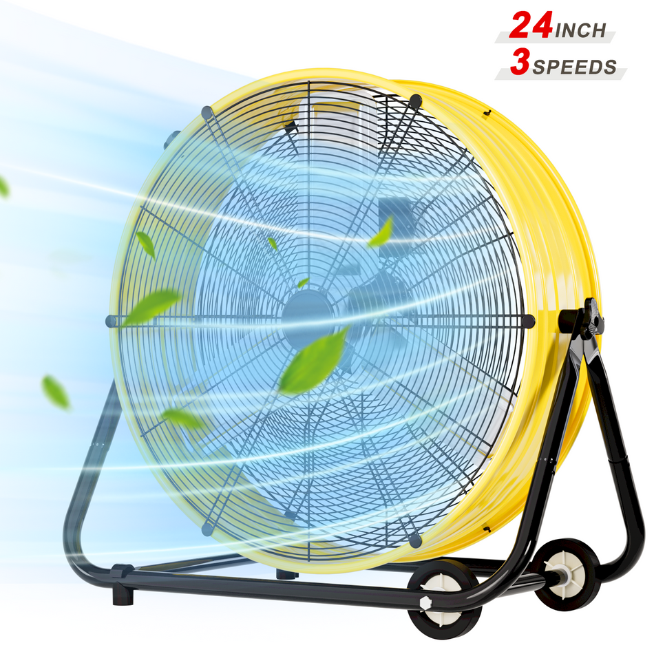 24 Inch 3-Speed 8800 CFM 360° Tilt Industrial Drum Floor Fan with Casters & Handle
