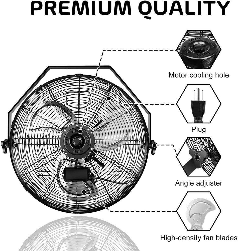 20 in. 3-Speed High Velocity Black Indoor/Outdoor Wall Mount Fan,4650 CFM,3 Blades,360??Oscillating,RustResistant,2-Pack