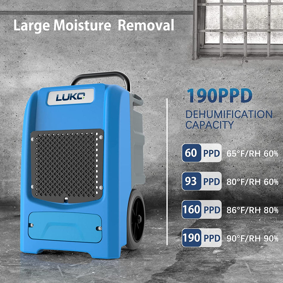 190 pt. 6000 sq. ft. Bucketless Commercial Dehumidifier in Blue with Drain Hose and Pump, Dehumidifier for Basement