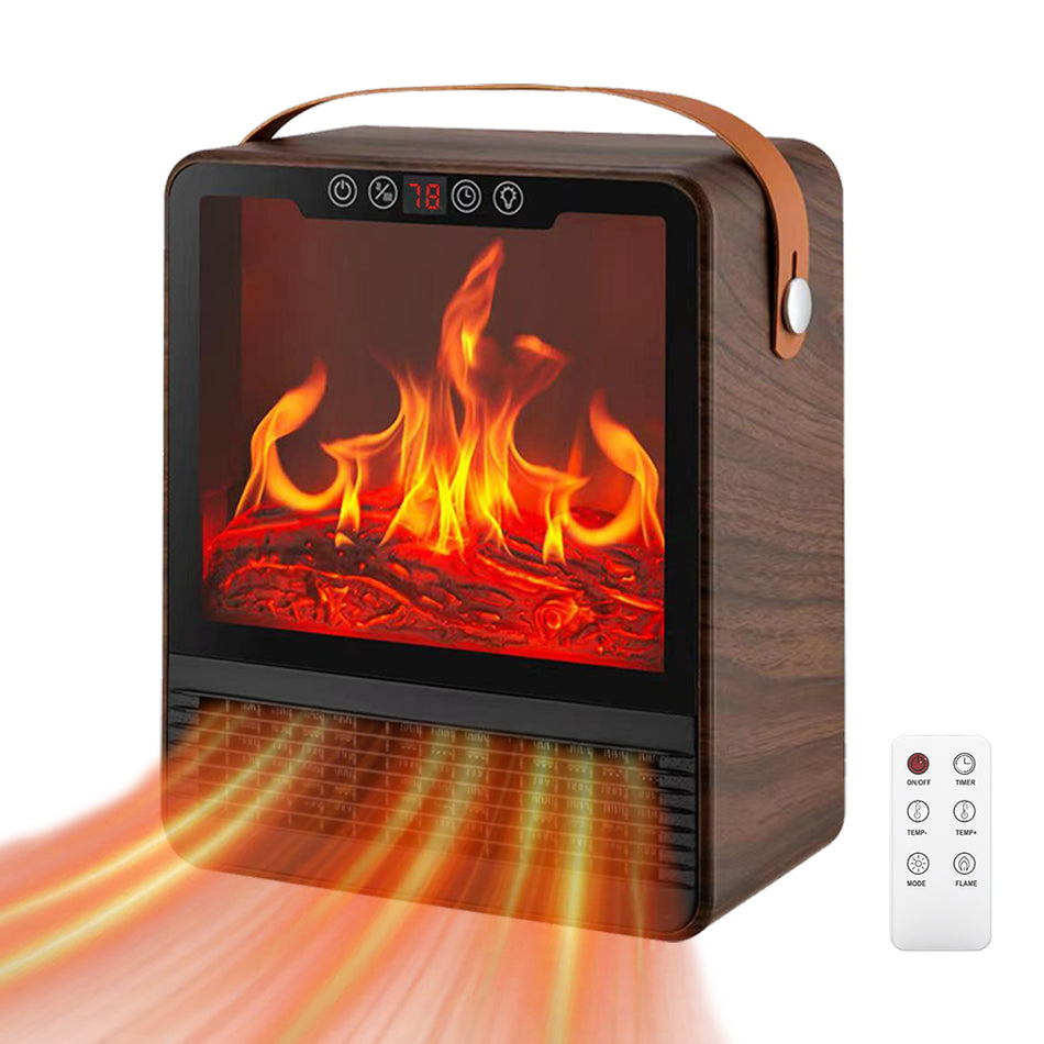9.5 in. Freestanding Portable Space Heater Electric Fireplace in Brown, w/ 3 Heating Modes, 3D Flame, Remote, 24H Timer