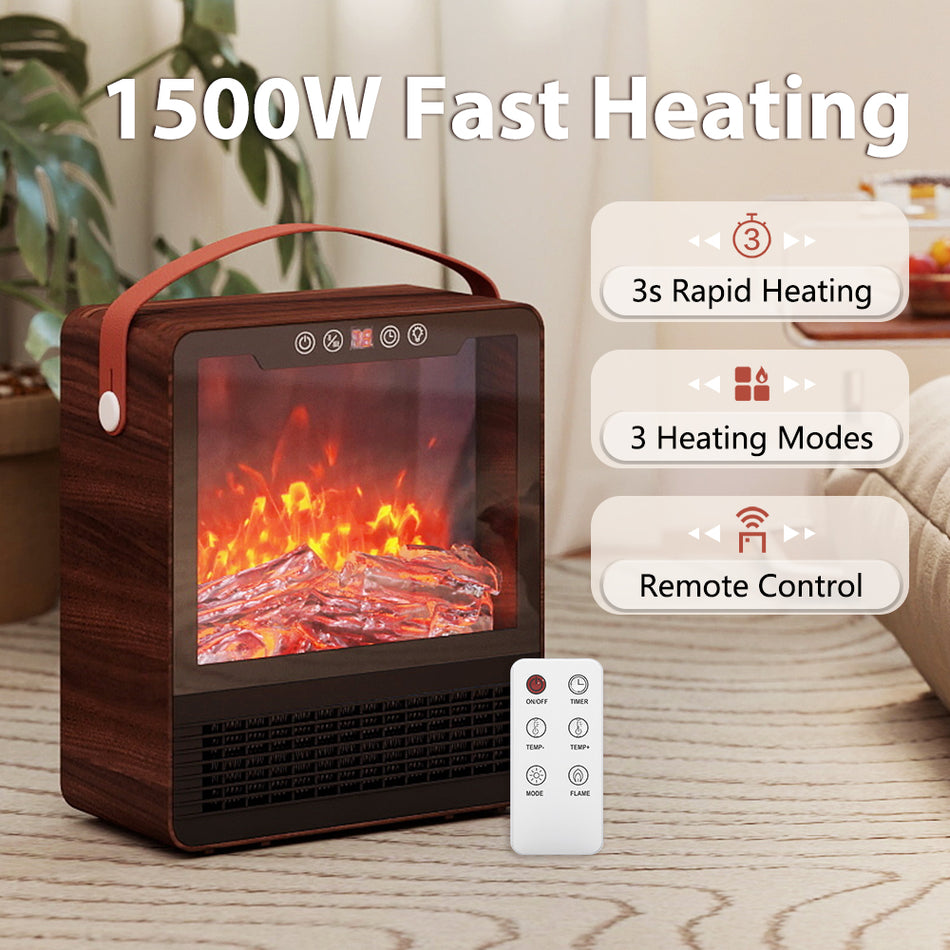 9.5 in. Freestanding Portable Space Heater Electric Fireplace in Brown, w/ 3 Heating Modes, 3D Flame, Remote, 24H Timer