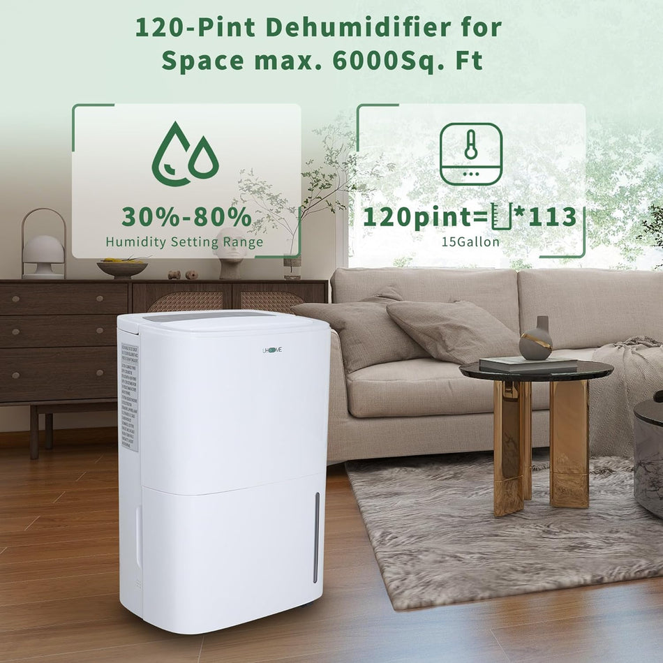 120 pt. 6,000 sq.ft. Dehumidifier in. White with Large Bucket and Drain Hose for Basement, Garage, with Auto Defrost