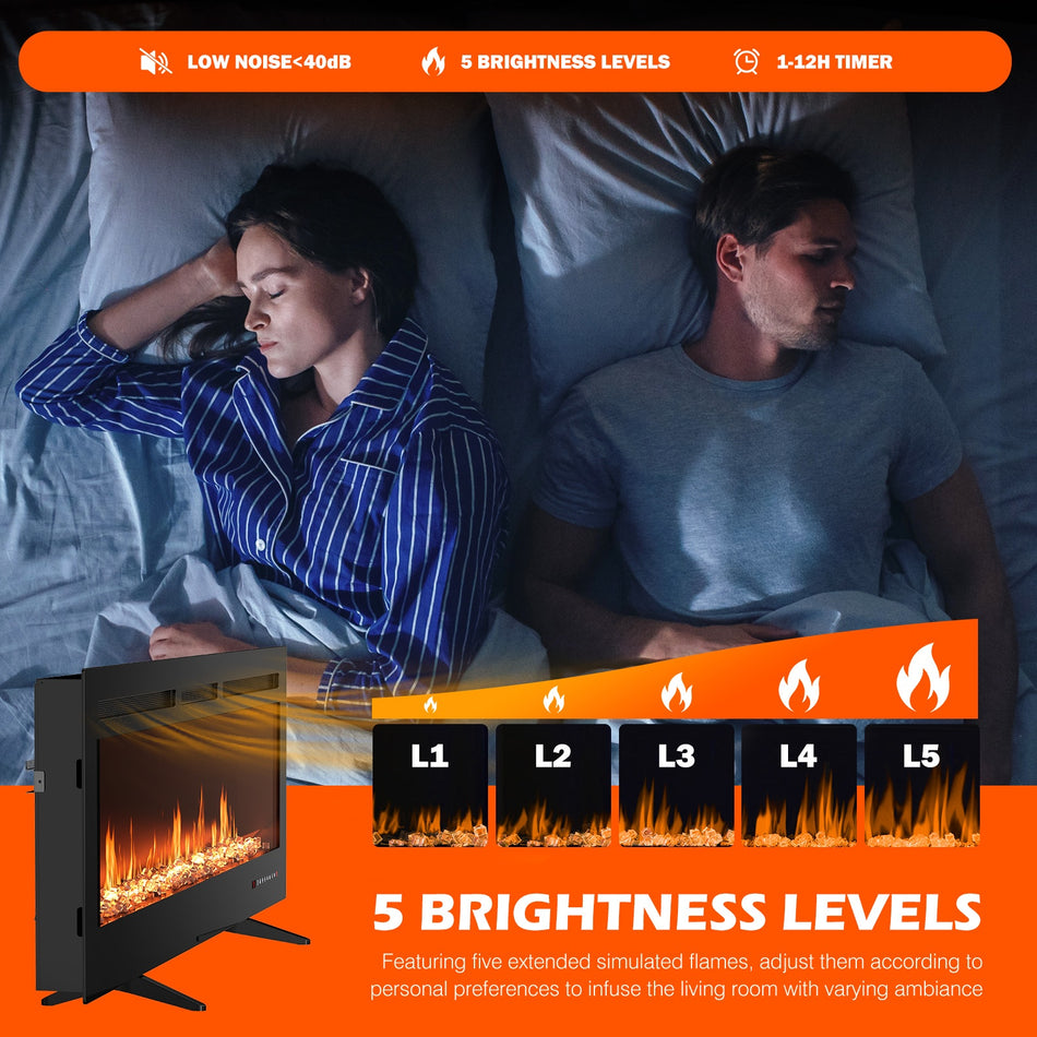 42 in. Wall Mount Electric Fireplace in Black, Sleep Mode,12H Timer, Remote, 750/1500W, Adjustable Flame Color and Speed