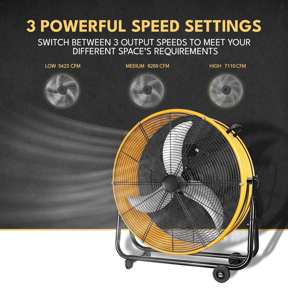 30 in. 3 Fan Speeds Drum Fan in Yellow with 360?? Rotation and Heavy-Duty Metal Build