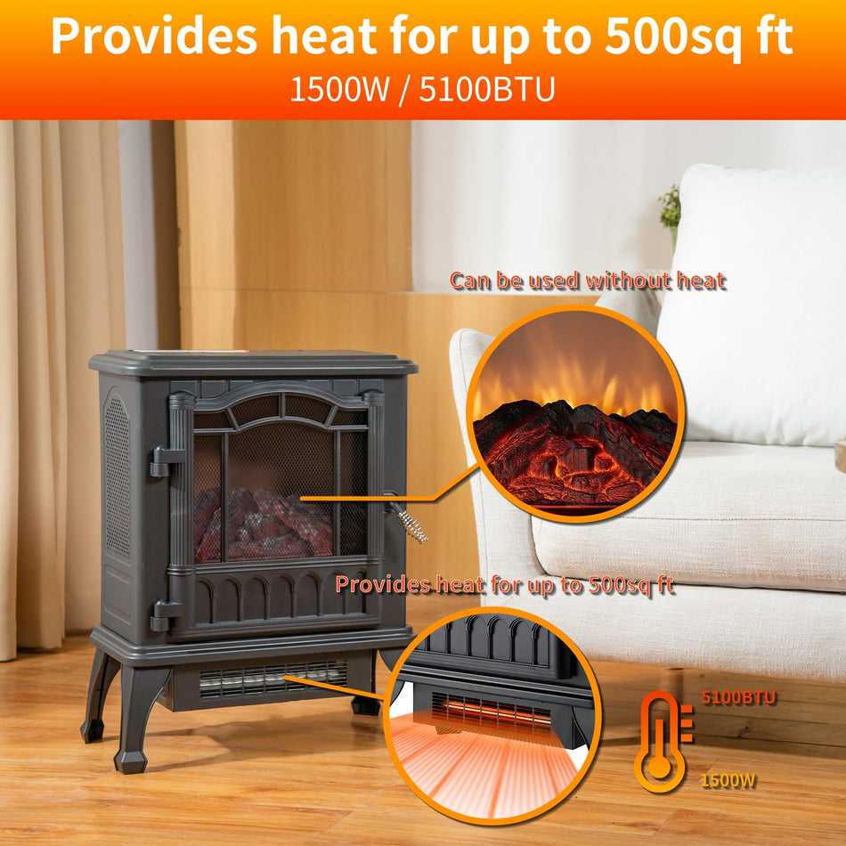 1500-Watt Black Electric Quartz Infrared Heater with Overheating Protection, Remote Control Fireplace, Space Heater