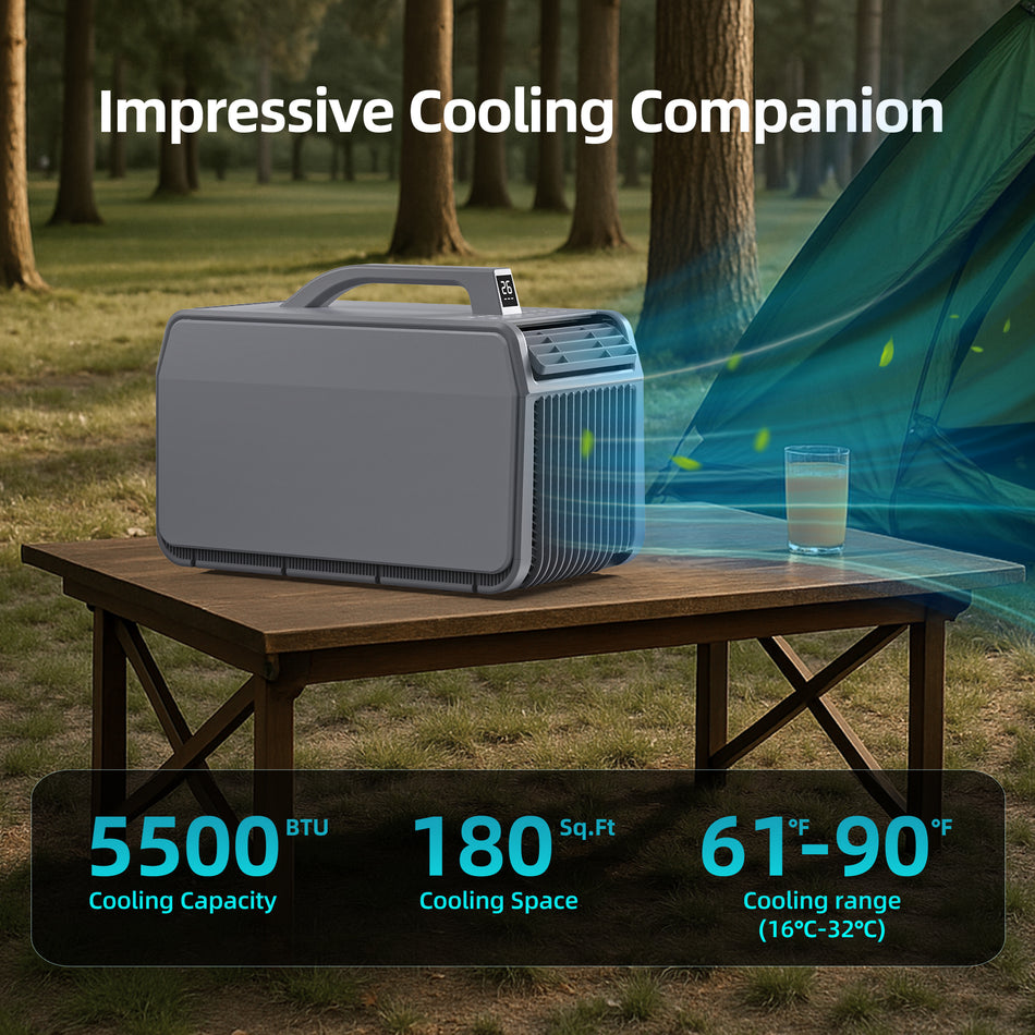 5500 BTU Portable Air Conditioner Cools 200 sq. ft. with Remote, Heat, Dehumidifier for Van Camper, Tent, Fishing (Gray)